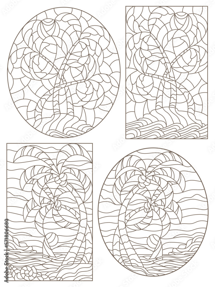 Set contour illustrations of the stained glass Windows of tropical landscapes ,island with palm trees against the sky, ocean and sun