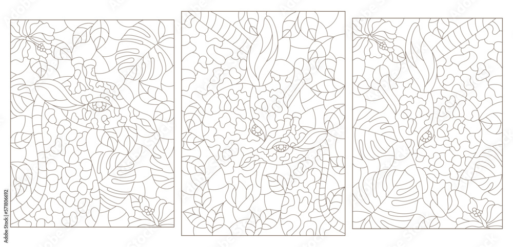 A set of contour illustrations in the style of stained glass with giraffes on a background of leaves, dark contours on a white background
