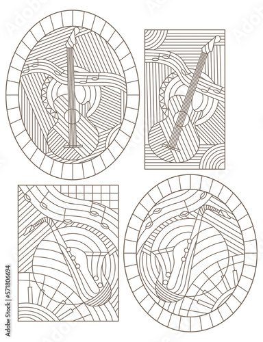A set of contour illustrations of stained glass Windows on the theme of music, abstract guitars and saxophone, dark contours on a white background