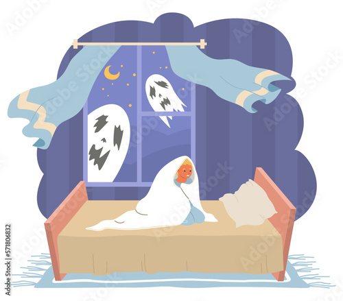 Child fears vector little boy afraid of ghosts
