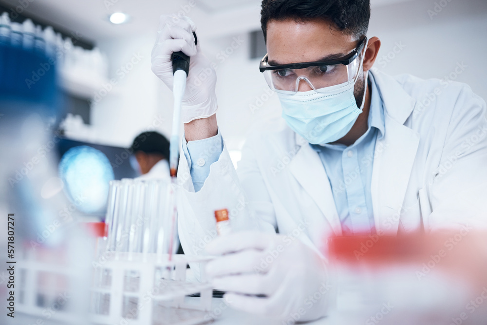 Research, scientist and man with test tube, breakthrough and focus on experiment, analysis and in laboratory. Male researcher, employee and medical professional with chemistry, pipette or vial in lab Research, scientist and man with test tube, breakthrough and focus on experiment, analysis and in laboratory. Male researcher, employee and medical professional with chemistry, pipette or vial in lab