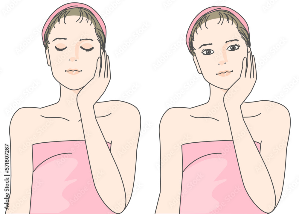 頬に手をあてスキンケア中の女性のイラストセット 上半身正面 ピンクのヘアバンド 頬に手をあてスキンケア中の女性のイラストセット 上半身正面 ピンクのヘアバンド