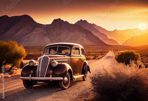 Vintage car on the countryside road at sunset created with AI