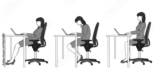 女性の座り姿勢比較イラストセット（猫背・仙骨座り・正しい姿勢）