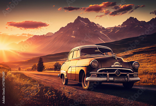 Vintage car on the countryside road at sunset created with AI © thejokercze