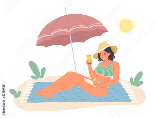 Woman sunbathing on beach using sunscreen vector