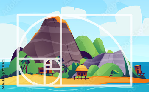 Golden composition rule. Geometry harmony proportions composed on tropical landscape, spiral ratio of thirds and fibonacci sequence. Vector illustration. Island with sand beach and ocean