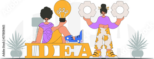 A fashionable guy and girl solves problems and generates ideas. Light bulb and gears in their hands. Idea theme. Retro trendy style.