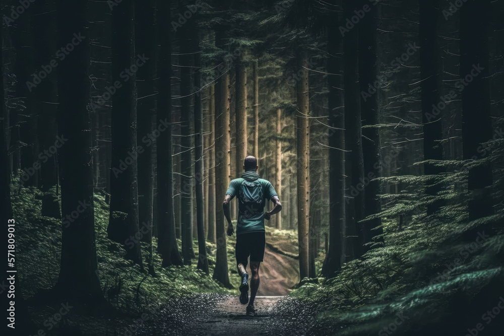 backside photo of a man jogging in the forest, generative AI.