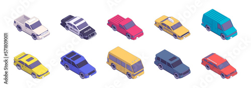 Isometric city traffic. Modern cars, different models of urban transport vehicle abstract flat style, automotive transportation concept. Vector set. Public bus, police, yellow cab and minivan