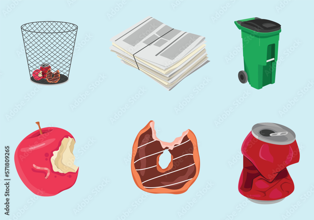 Decaying garbage in garbage bags or street trash cans, full of piles of