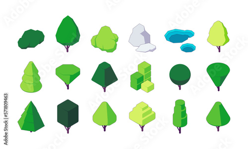Isometric trees and bushes asset. Botanical shrubs and plants with foliage, nature constructor kit polygonal shape for game design. Vector set. Outdoor environmental elements for forest, landscape