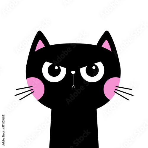 Angry cat face head silhouette icon. Black kitten. Pink cheeks. Funny kawaii doodle animal. Cute cartoon funny baby pet character. Sticker print. Flat design. White background