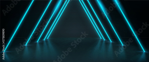 Realistic dark room with led light illumination. Vector illustration of mansard space, nightclub stage, modern art gallery interior design with neon blue lamps. Futuristic backgrouns for space game