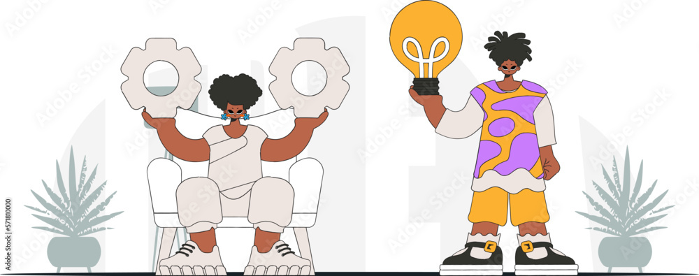 Attractive guy and girl solve problems and generate ideas. Light bulb and gears in their hands. Idea concept. trendy character.