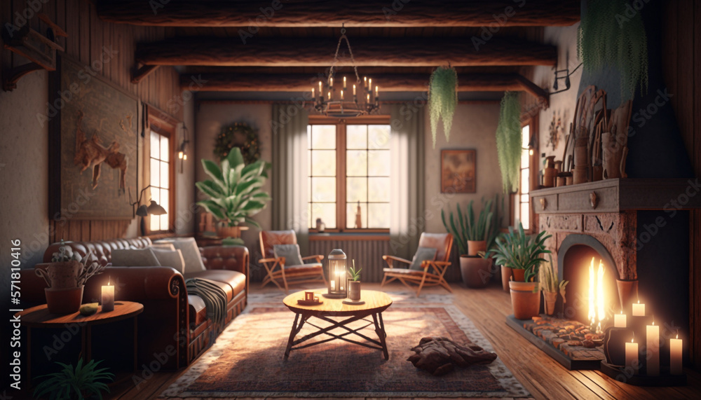 Rustic living room. Generative AI Rustic living room. Generative AI