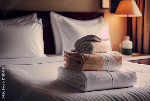 Fresh towels on bed in hotel room created with AI