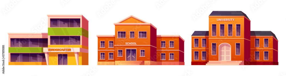 Kindergarten, high school and university building vector illustration set. Education house exterior cartoon design isolated on white background. Front view municipal preschool department.