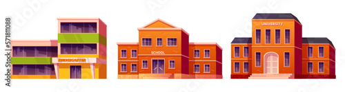 Kindergarten, high school and university building vector illustration set. Education house exterior cartoon design isolated on white background. Front view municipal preschool department.