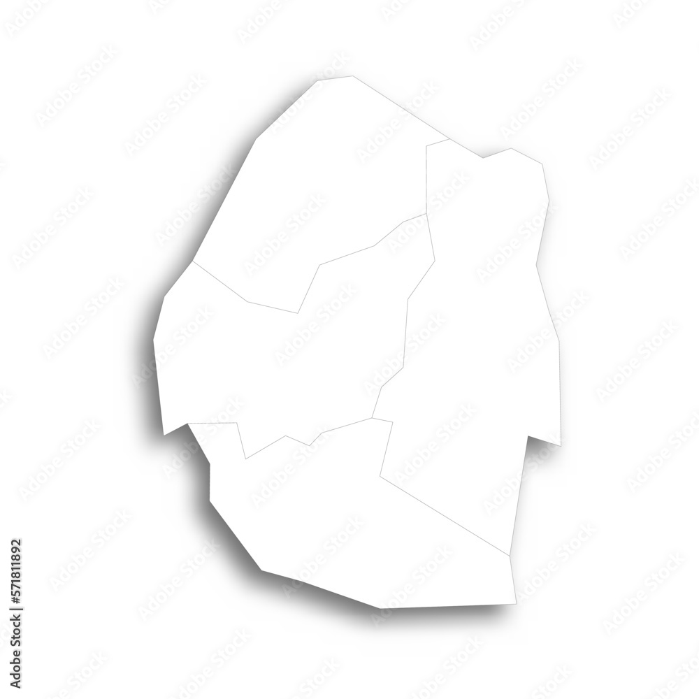 Eswatini political map of administrative divisions - regions. Flat white blank map with thin black outline and dropped shadow. Eswatini political map of administrative divisions - regions. Flat white blank map with thin black outline and dropped shadow.