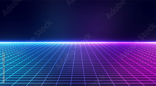 Retro cyberpunk style background. Sci-Fi background. Neon light grid landscapes. 80s, 90s
