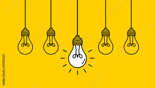 Hanging light bulbs with one glowing on yellow background. Concept of idea