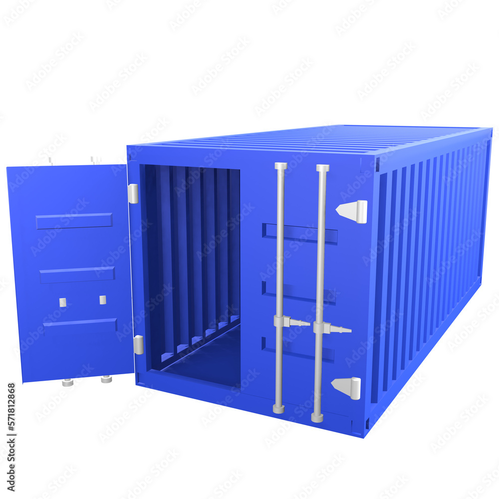 3D design of cargo containers for storage transportation illustration. 3D design of a blue colored cargo with open and closed doors 3D design of cargo containers for storage transportation illustration. 3D design of a blue colored cargo with open and closed doors