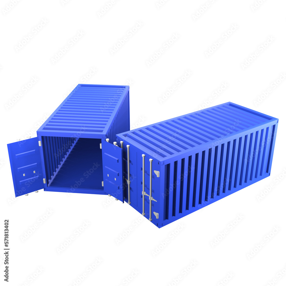 3D design of cargo containers for storage transportation illustration. 3D design of two blue colored cargo with open and closed doors, side view illustration 3D design of cargo containers for storage transportation illustration. 3D design of two blue colored cargo with open and closed doors, side view illustration