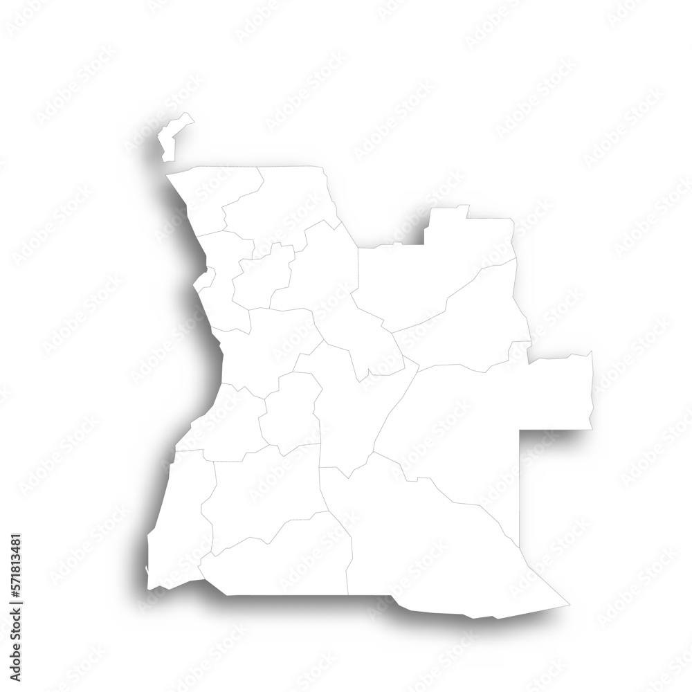 Angola political map of administrative divisions - provinces. Flat white blank map with thin black outline and dropped shadow.