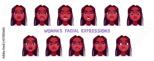 Girl character avatar, woman face with different emotions. Young african american woman with happy, angry, sad and surprised facial expression, vector cartoon set