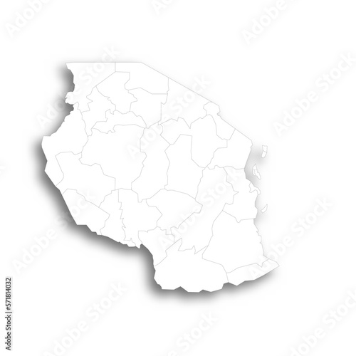 Tanzania political map of administrative divisions - regions. Flat white blank map with thin black outline and dropped shadow.