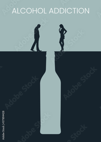 Alcoholic gulf between us. Vector illustration of alcohol addiction. Sketch for creativity. A man and a woman are standing on the edge of a prosta in the form of a bottle of alcohol.