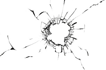 Photo of broken glass with cracked texture on a white background. For design