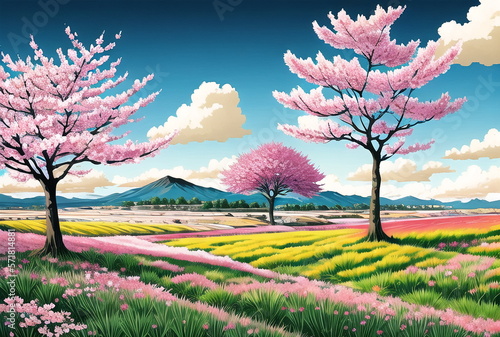 Cherry Blossoms Pink Flowers Springtime trees. Fantasy Abstract Ai Illustration Painting