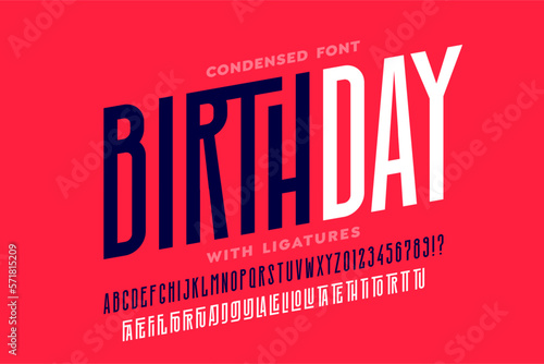 Modern condensed style font with ligatures, alphabet letters and numbers vector illustration