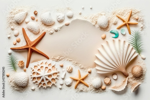 Seashell, starfish and beach sand on white background. Summer holiday concept. Top view and flat lay, Generative AI © Kitsada