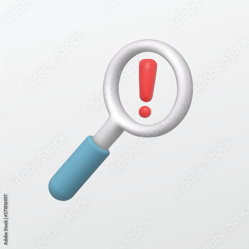 3d magnifying glass with red exclamation mark icon for website, label, banner, sticker, template and logo on white background. 3d style vector illustration design. System error concept.