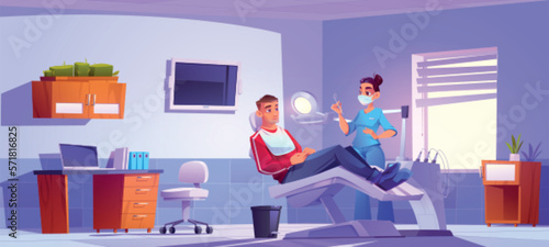 Dental clinic room in hospital. Female dentist with man patient take care of toothache in cabinet. Orthodontist appointment in stomatology office. Consulting oral checkup and diagnostic.