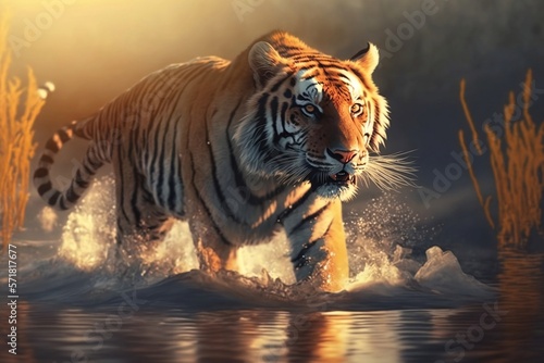 Wild Tiger Roaming Freely Through a Serene Shallow River