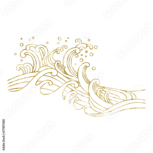 手描き風の波のイラスト、水彩風、浮世絵風、和風