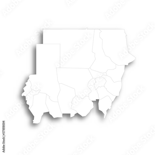 Sudan political map of administrative divisions - states. Flat white blank map with thin black outline and dropped shadow.