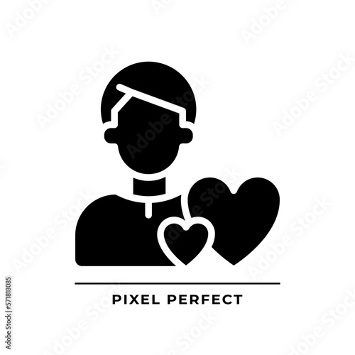 Caregiver black glyph icon. Character archetype. Psychoanalysis. Compassionate person. Support and care. Silhouette symbol on white space. Solid pictogram. Vector isolated illustration