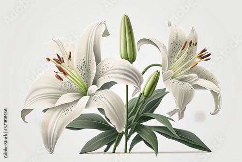 White lily flowers on white background, flower pattern, copy space and space for text mother's day greeting card, women's day, wedding. Generative AI