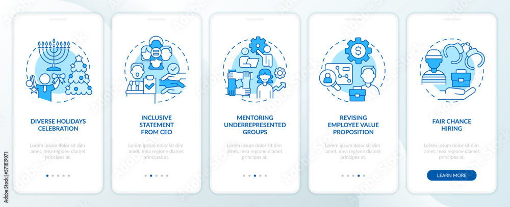 DEI initiatives for workplace blue onboarding mobile app screen. Walkthrough 5 steps editable graphic instructions with linear concepts. UI, UX, GUI template. Myriad Pro-Bold, Regular fonts use DEI initiatives for workplace blue onboarding mobile app screen. Walkthrough 5 steps editable graphic instructions with linear concepts. UI, UX, GUI template. Myriad Pro-Bold, Regular fonts use