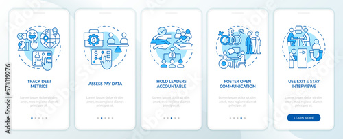 Making DEI efforts practices blue onboarding mobile app screen. Walkthrough 5 steps editable graphic instructions with linear concepts. UI, UX, GUI template. Myriad Pro-Bold, Regular fonts use