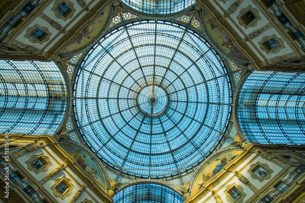 Gallery Vittorio Emanuele ll in a Sunny Day in Milan, Lombrady, Italy.