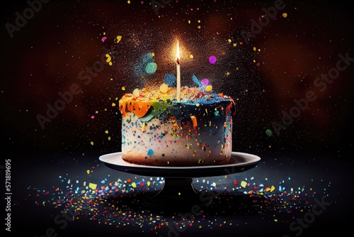 Happy Birthday Cake with Delicious Icing Frosting Colorful with Lit Candles and Confetti in Background Image