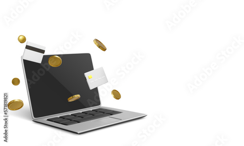 Online banking app and e-payment. Electronic crypti wallet. Online banking. Credit card on laptop for online payment or shopping. Vector illustration