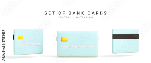 Realistic design credit cards set in different position isolated on light background. Vector illustration