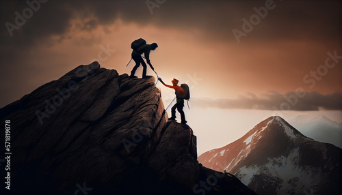 People helping each other hike up a mountain , illustration